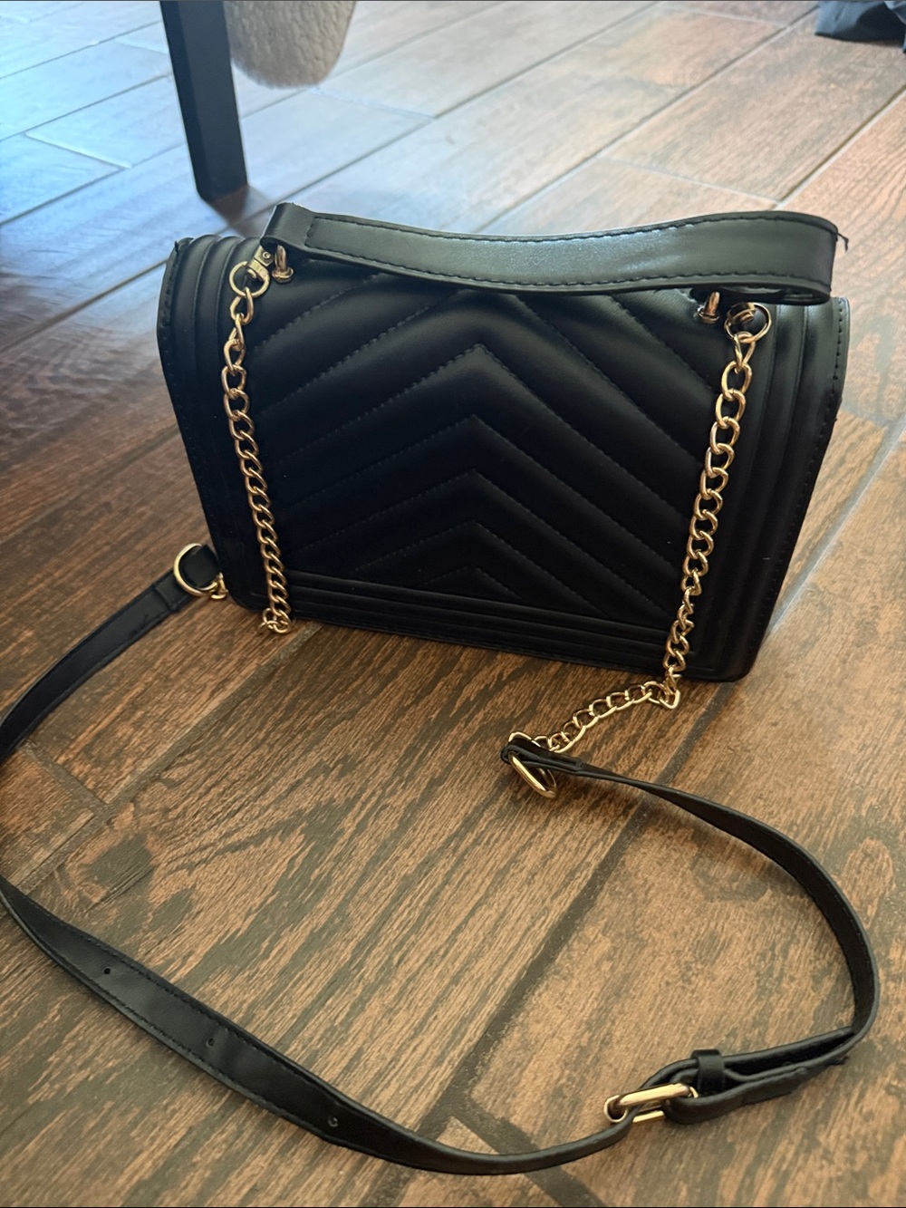 & Other Stories Black Quilted Chevron Crossbody with Gold Chain